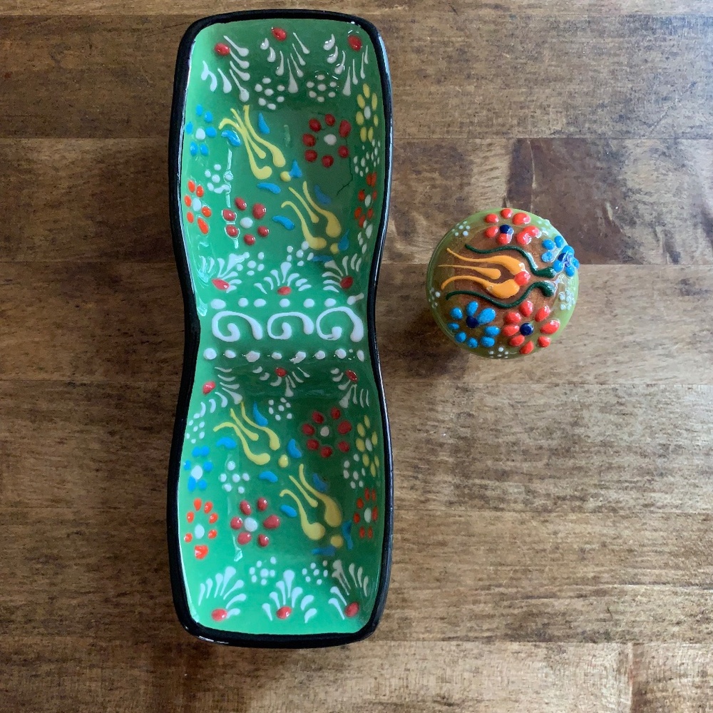 Handmade Ceramic Tidbit Bowl w/ Matching Wine Stopper | Folk Art Style